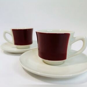 Vintage Jackson Custom China Demitasse Cups Saucer Plate Maroon White 2x Set USA